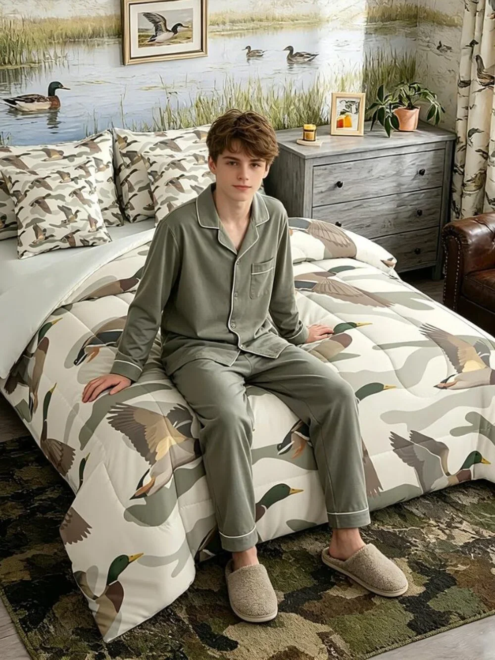 Wild Duck Camouflage Comforter Set Twin Size Kids Girls